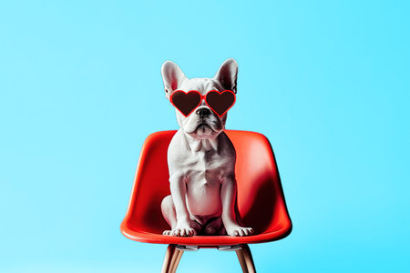 French Bulldog dog wearing heart shaped sunglasses while sitting on top of red chair on blue background. Generative AIの素材