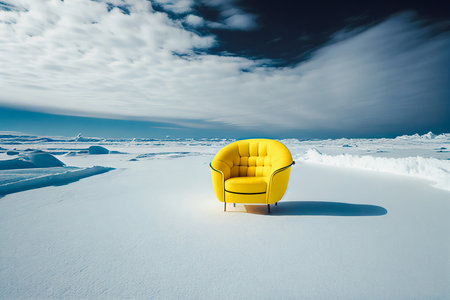Side view of a yellow armchair in the middle of the snow on a sunny day under a sky with clouds. Generative AIの素材