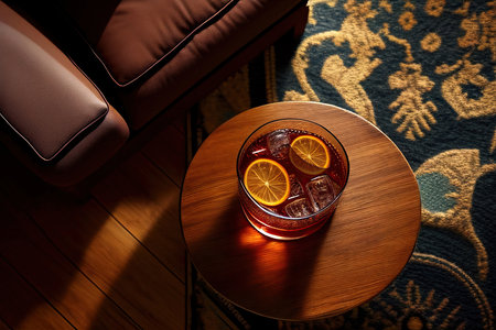 From above glass of cocktail on a wooden table next to a brown sofa. Generative AIの素材