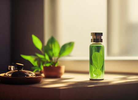 Side view of a transparent ecological transparent perfume boat next to a plant. Image created by artificial intelligence and later modifiedの素材