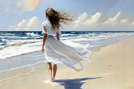 Painting of a woman from behind in white dress by the sea on a sunny and windy day. Generative AIの素材