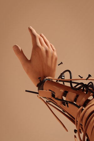 Isolated side view of a robotic human arm broken into piecesの素材