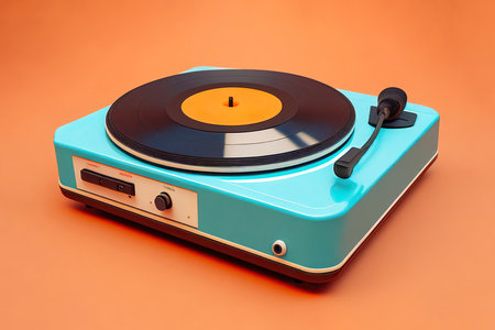 From above old blue record player on an orange background. Generative AIの素材