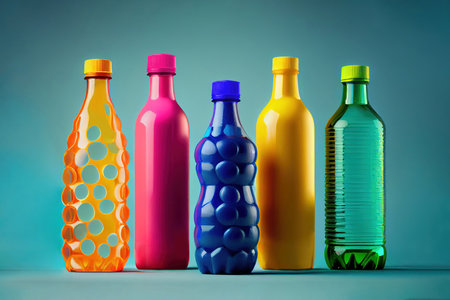 Still life of different colored plastic bottles on a blue background. Generative AIの素材