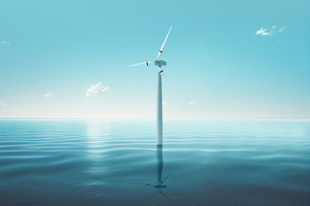 Isolated windmill in the middle of the sea under a sky with clouds. Generative AIの素材