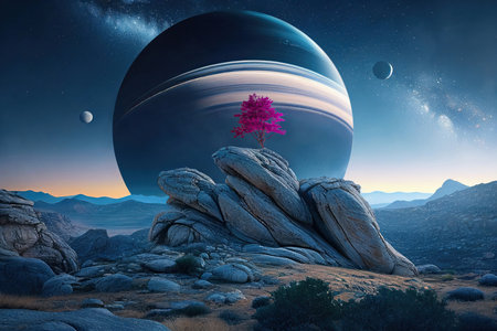 Surreal landscape of a fuchsia tree on some rocks with a planet and moons in the background. Generative AIの素材