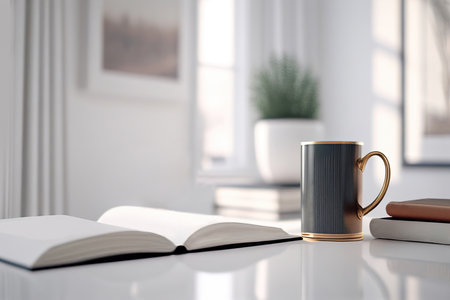 Side view of an open book on a white table next to a cup of coffee. Generative AIの素材