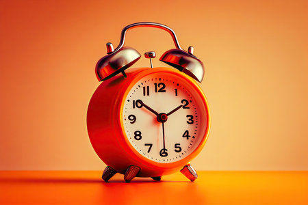 Side view of an old fashioned alarm clock isolated on orange background. Generative AIの素材