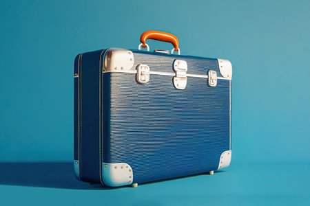 Side view of a vintage suitcase on a blue background. Generative AIの素材