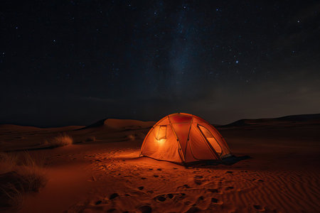 Tent in the desert under a starry sky. Generative AIの素材