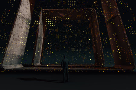 From below man in front of a data manager cube with artificial intelligenceの素材