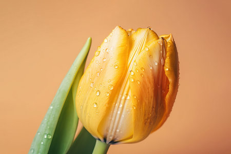 Macro photography of a yellow tulip with water drops on a yellow background. Generative AIの素材