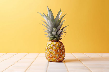 Front view of a pineapple isolated on a yellow background. Generative AIの素材