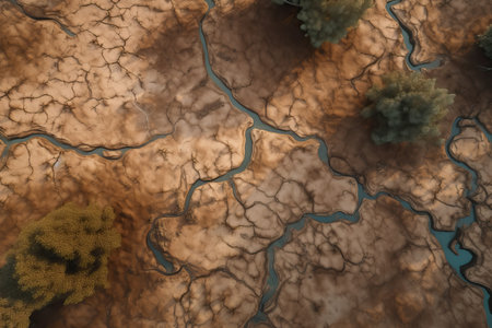 Landscape of a dry lake with cracked soil due to drought due to climate change. Climate change concept. Generative AIの素材