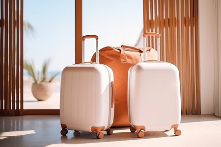 Side view of a beige suitcases in a home interior next to the sofa and a plant. Generative AIの素材