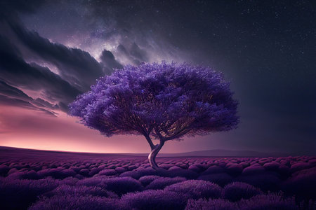 Tree in the middle of a lavender field under a starry sky. Generative AIの素材