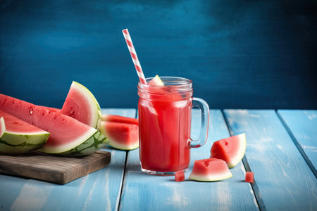 Watermelon juice on a blue wood surrounded by watermelon slices. Generative AIの素材