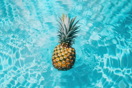Top view of a pineapple floating on the water of a swimming pool. Generative AIの素材