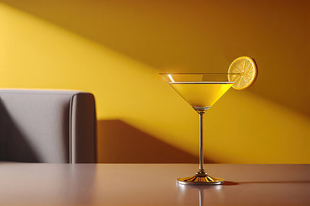 Side view of a yellow cocktail glass on a table in a luxury yellow interior. Generative AIの素材