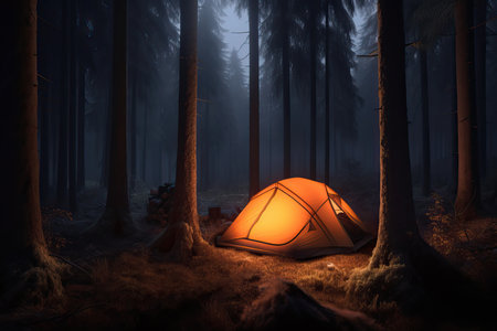 Tent with light inside in a forest surrounded by trees. Generative AIの素材