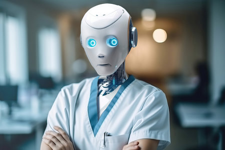 Portrait of a robot nurse in a hospital while looking at the camera. Generative AIの素材