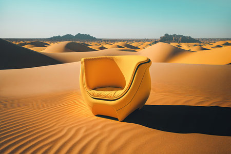 Side view of a yellow armchair in the middle of the desert on a sunny day under a sky with clouds. Generative AIの素材
