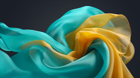 Abstract background of a semitransparent silk fabric of cyan and yellow color floating in the air on a dark gray background. Generative AIの素材