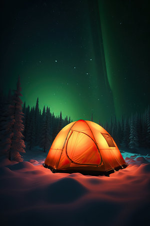 Tent under a northern lights in a snowy landscape surrounded by trees. Generative AIの素材
