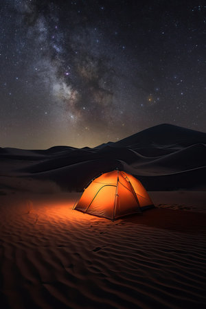 Tent in the desert under a starry sky. Generative AIの素材