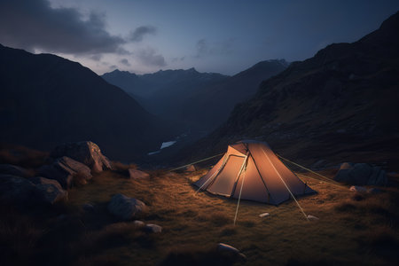 Tent on the mountain at twilight under a sky with clouds. Generative AIの素材