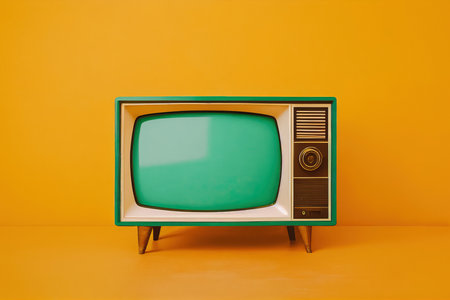 Front view of an old TV on a yellow background. Generative AIの素材