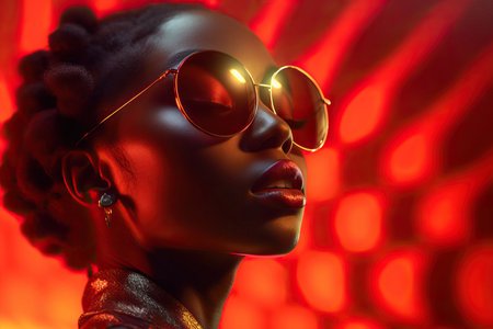 Portrait of a black woman wearing sunglasses lit red with reflections. Generative AIの素材