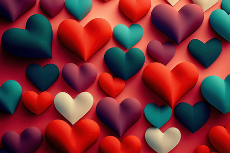 Top view of a background of colored hearts. Generative AIの素材