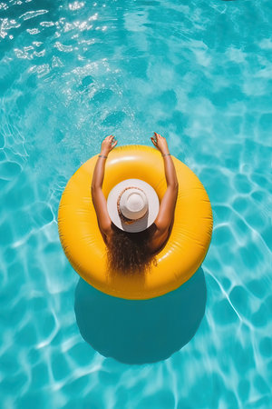 Top view of a woman wearing a hat on a yellow float in a swimming pool. Generative AIの素材