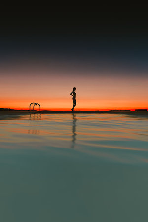 Side view of woman silhouette at sunset next to a swimming pool; 3D; 3D illustrationの素材