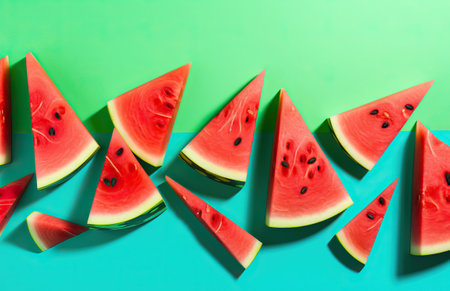 Top view of some slices of watermelon on a green and blue background,. Generative AIの素材