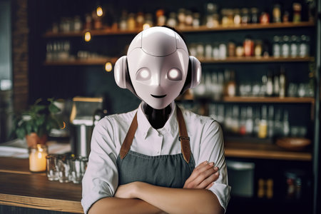 Portrait of a robot waitress in a bar while looking at the camera. Generative AIの素材