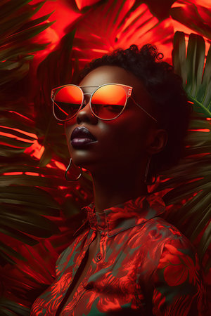 Portrait of a black woman in sunglasses on a background of green leaves. Generative AIの素材