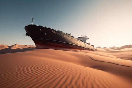 Oil tanker in the middle of the desert with dunes under the bright sun,. Climate change concept. Generative AIの素材
