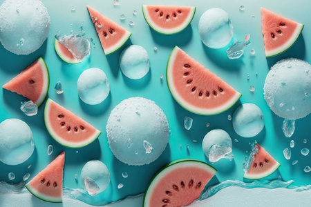 Background of beautiful watermelon fruit slices on frozen surface with ice shapes. Generative AIの素材