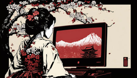Classical Japanese Illustration of a Geisha Using a Computer. Generative AIの素材