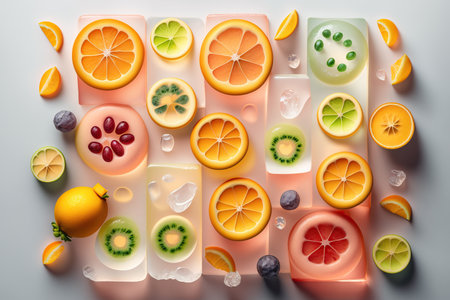 Background of beautiful fruit slices on frozen surface with ice shapes. Generative AIの素材