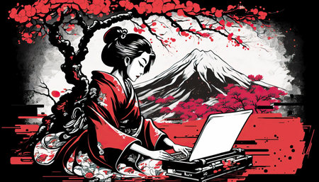 Classical Japanese Illustration of a Geisha Using a Laptop. Generative AIの素材