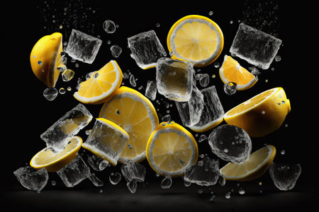 Background of beautiful fruit slices on frozen surface with water and black background. Generative AIの素材