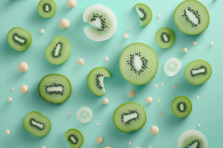 Background of beautiful kiwi fruit slices on frozen surface with ice shapes. Generative AIの素材