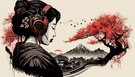 Classical Japanese Illustration of a Geisha Using a Headphones. Generative AIの素材