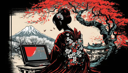 Classical Japanese Illustration of a Geisha Using a Laptop. Generative AIの素材