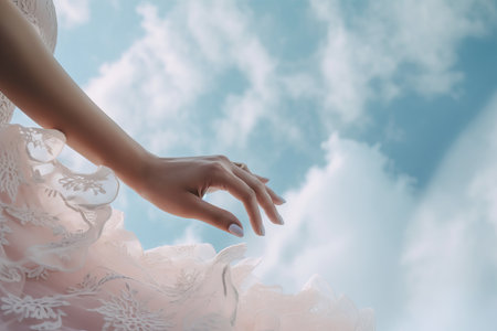 Hands connecting with nature in clouds. Generative AIの素材