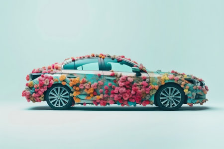 Car surrounded by spring flowers. Generative AI. Eco friendly conceptの素材