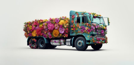 Truck surrounded by spring flowers. Generative AI. Eco friendly conceptの素材